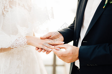 新郎在婚礼仪式上 将戒指戴在新娘的手指上图片