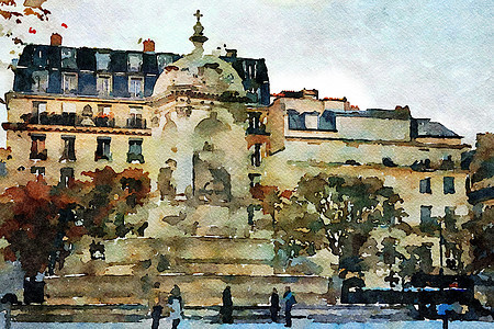 帕里市中心的广场之一 地标 水彩 法国 历史建筑图片