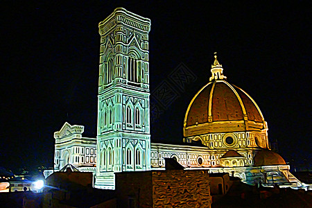 夜间瞥见佛罗伦萨教堂和钟楼的数字绘画风格 圆顶 历史建筑图片
