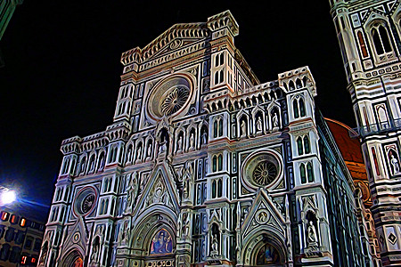 夜间瞥见佛罗伦萨教堂和钟楼的数字绘画风格 菲奥雷 意大利图片
