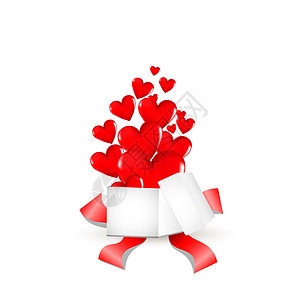 带红色缎面蝴蝶结的白色礼品盒 一颗心从打开的礼物中飞出 正面用红色缠绕带绑在表面 白色的 艺术图片