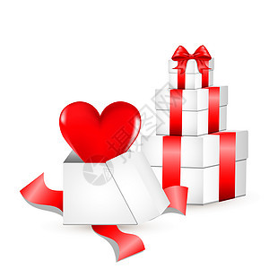 带红色缎面蝴蝶结的白色礼品盒 一颗心从打开的礼物中飞出 正面用红色缠绕带绑在表面 丝带 商业图片