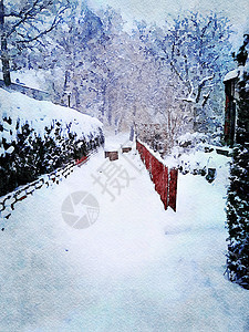 斯堪的纳维亚北部雪路的数字水彩风格图片