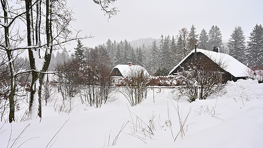 雪屋 一个美丽的冬季风景概念 有建筑和雪 - 是的 树 冬天图片