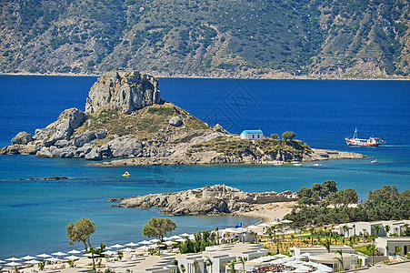 与海的美丽的海滩在旅游胜地 希腊岛科斯岛 暑假的美丽概念 自然的彩色背景 海滨 蓝色的图片