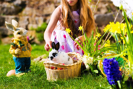 复活节兔子在草地上 带篮子和鸡蛋 家庭 寻蛋图片