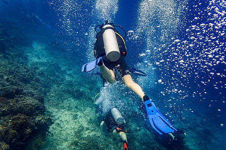 水下珊瑚礁潜水员冒出的气泡 脚蹼 盐水 自然图片