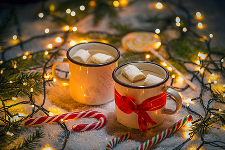 热巧克力和棉花糖 甘蔗 可可 弓 雪 季节性的 丝带图片