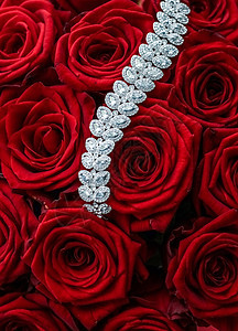 豪华钻石手镯和红玫瑰花束 情人节的首饰爱情礼物以及浪漫节日送礼 购物 优雅图片