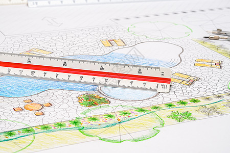 景观建筑设计设计设计后院池计划 配有大型标尺 石头 铺平图片