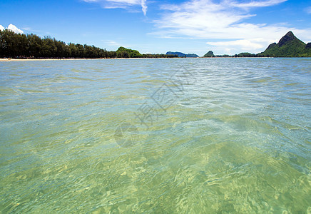 海水和山上蓝色天空的宽视水流流动 旅行 热带图片