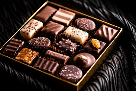 瑞士莲巧克力礼盒中的瑞士巧克力 瑞士巧克力店用黑巧克力和牛奶有机巧克力制成的各种豪华果仁糖 作为节日礼物的甜点食品和高级糖果品牌 可可 平躺背景