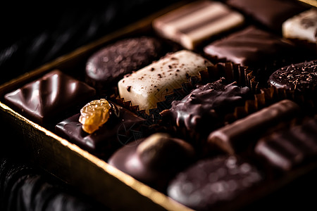 巧克力工厂礼盒中的瑞士巧克力 瑞士巧克力店用黑巧克力和牛奶有机巧克力制成的各种豪华果仁糖 作为节日礼物的甜点食品和高级糖果品牌 平躺 餐厅背景