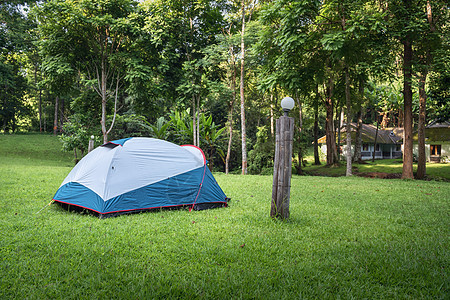热带森林树下绿草上的露营营地和帐篷 户外度假休闲活动和冒险的野营地 背包徒步旅游生活方式 旅行冒险 山 夏天图片