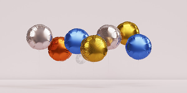 闪亮的彩色气球米色横幅背景 用于派对生日庆祝或假日 3d 逼真 rende图片