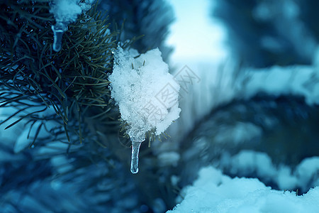 透明的冰棒挂在雪上 覆盖松树枝 植物 冬天 锥体图片