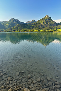 美丽的风景 夏天有湖泊和山地 自然背景多彩 沃尔夫冈湖在奥地利掌声中 水 晴天图片