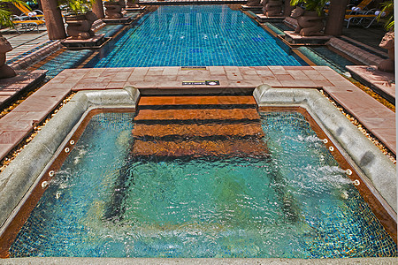 酒店里漂亮的游泳池 夏天 鱼 石头 后院 阳光 住宅图片