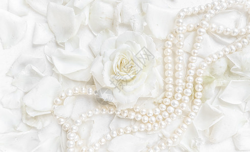 美丽的白玫瑰 有花瓣和珍珠项链 在白色背景上 为结婚 生日 情人节 母亲节的贺卡提供理想 礼物 宝石图片