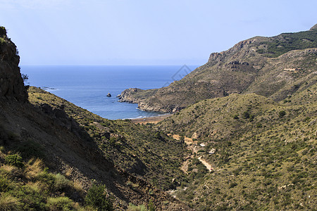 西班牙卡塔赫纳省美丽的El Gorguel海滩 西班牙 蓝色的 地质学图片