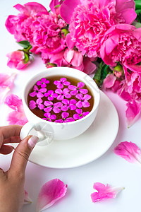 粉红色牡丹花的创意布局 女手拿着一杯茶放在明亮的桌子上 春季季节性情人节 女人 母亲 3 月 8 日假期 浪漫早餐 时尚博主 问图片