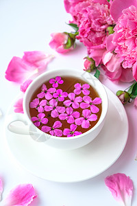 明亮的桌子上有粉色牡丹花和一杯茶的创意布局 春季季节性情人节 女人 母亲 3 月 8 日假期 浪漫早餐 时尚博主 问候卡 天 花图片
