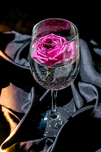 装满粉红色花瓣的酒杯放在黑色丝织品的桌子上 最小的现代静物 假日概念情人节或女人节背景设计 浪漫的 小样图片