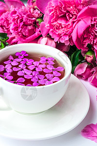 明亮的桌子上有粉色牡丹花和一杯茶的创意布局 春季季节性情人节 女人 母亲 3 月 8 日假期 浪漫早餐 时尚博主 问候卡 花瓣 图片