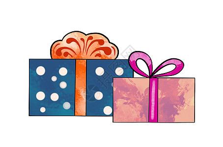 在白色孤立背景上用蝴蝶结和包装纸装饰的不同形状的粉红色和蓝色礼物盒的彩色图画的插图图片