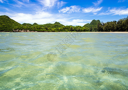 海水和山上蓝色天空的宽视水流流动 热带 松树图片