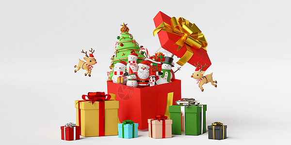 礼物盒卡通圣诞快乐 新年快乐 与圣诞老人和朋友一起庆祝圣诞 带着大礼盒 3d 渲染 信 鹿背景