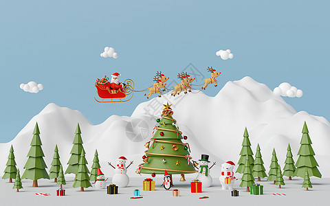 圣诞快乐和新年快乐圣诞庆祝场景与圣诞老人和朋友在雪山 3d 渲染图片