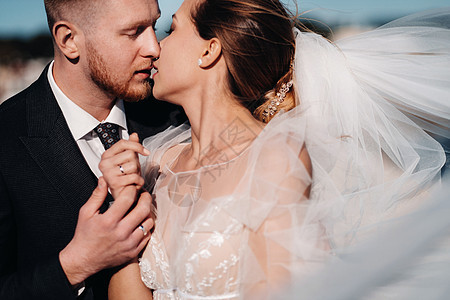 法国Riviera的婚嫁情侣 在法国普罗旺斯举行婚礼 新娘和新郎 恋人 面纱背景图片