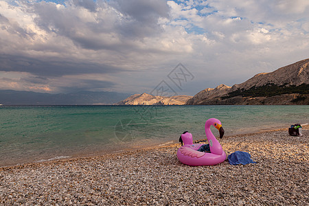 游泳充气环 在海滩上配着火烈酒设计 泻湖 旅游图片