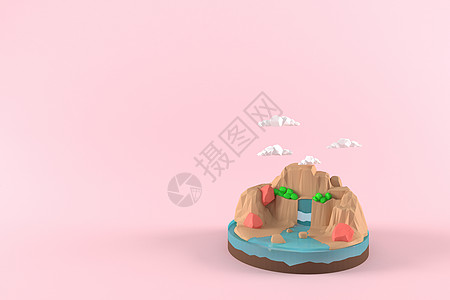 3D 插画家山中的绿色和红色岩石 3d 渲染低多边形几何 Lowpoly 极简风格艺术图片