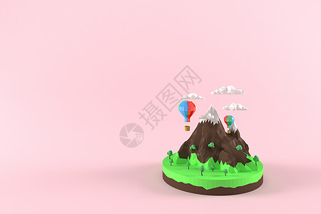 3D 插画气球在山上 3d 渲染低多边形几何 Lowpoly 极简风格艺术图片