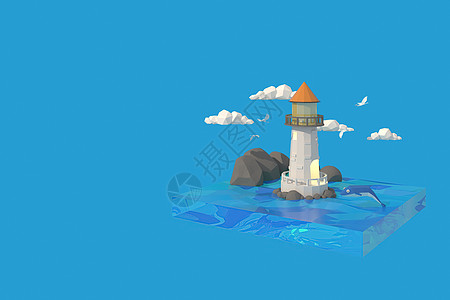 海上灯塔的 3D 插画家 3d 渲染低多边形几何 Lowpoly 极简风格艺术图片