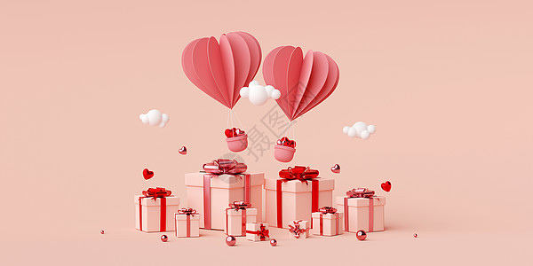 心形气球情人节横幅背景与礼品盒 3d 渲染 生日 庆典图片