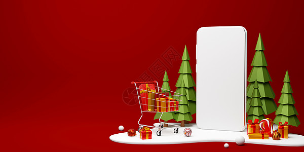 带圣诞礼物和购物车的智能手机场景 用于在线购物3图片