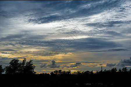 日落后的傍晚 天空阴沉沉的 多云 天空的前方是一棵树的剪影 地平线因太阳光而呈橙色图片