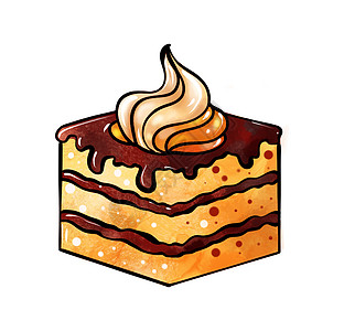 一幅彩色糖果图的插图 一块蛋糕 上面有一层层的黄色棕色 浸透在巧克力和奶油中 用于在白色孤立的背景上装饰图片