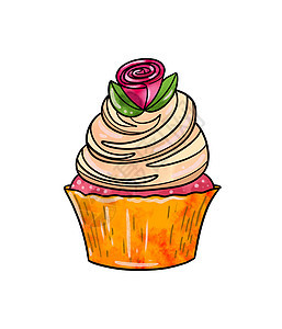 一幅彩色图画的插图 上面是带黄棕色奶油的糖果粉色纸杯蛋糕 上面装饰着一朵花 上面是白色孤立的背景图片