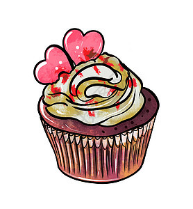 白色孤立背景上装饰着粉红色心形的糖果奶油纸杯蛋糕的彩色图解图片