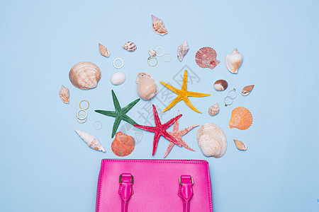 夏季概念 粉色手提包 附有浅蓝色背景的饰品 旅行 眼镜背景图片
