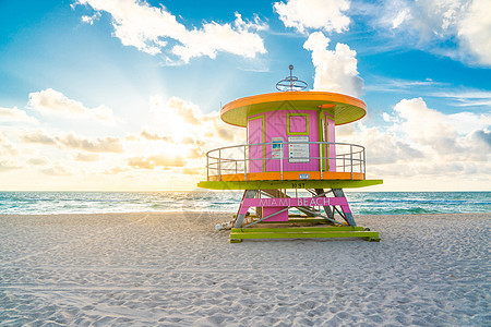 美国佛罗里达州迈阿密海滩日出时 客机舱 海岸图片