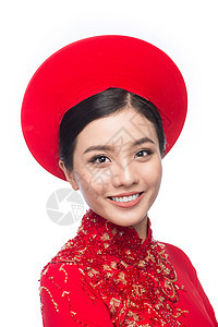 一位美丽的亚洲妇女穿着传统节服Ao Dai Tet节日 月经新年的肖像 日本人 文化图片