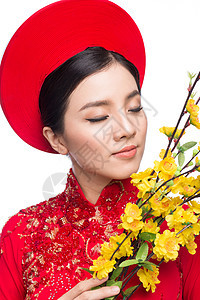 一位美丽的亚洲妇女穿着传统节服Ao Dai的肖像 手持Hoa Mai树花朵 Tet节日 月亮新年 开花 红色的图片