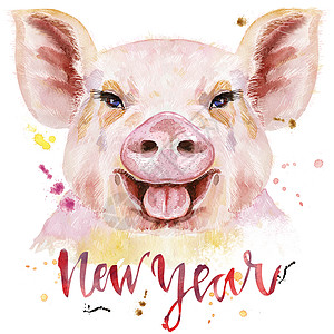 猪的水彩画像 上面刻着新年的字样 粉色的 插图图片