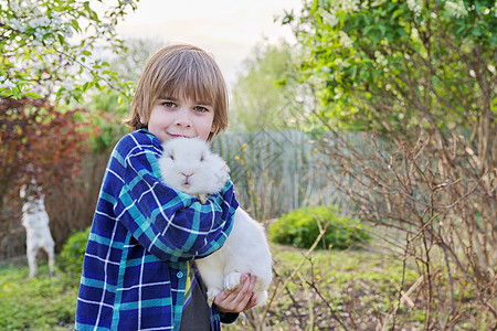 怀白兔子的男孩在手里 带着装饰兔的孩子 关心图片