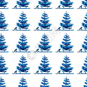 蓝色圣诞水彩画松树和雪橇无缝图案 手绘冷杉树背景或壁纸或圣诞 Gif 可爱的 圣诞节图片